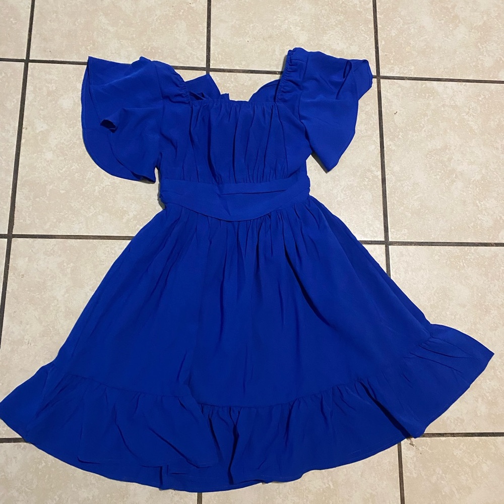 Girls Royal Blue Ruffle Off-Shoulder Dress - Picture 2 of 4
